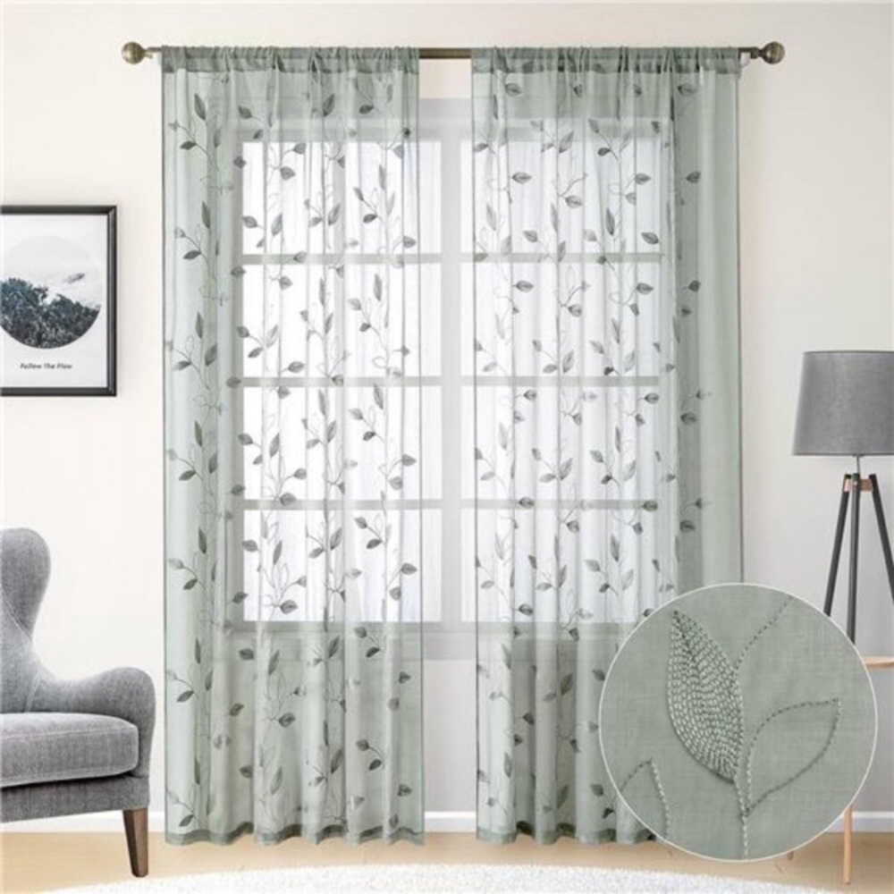 Sage Green Sheer Curtains 52 X 84 Inches Long 2 Panels Embroidered Leaf Pattern